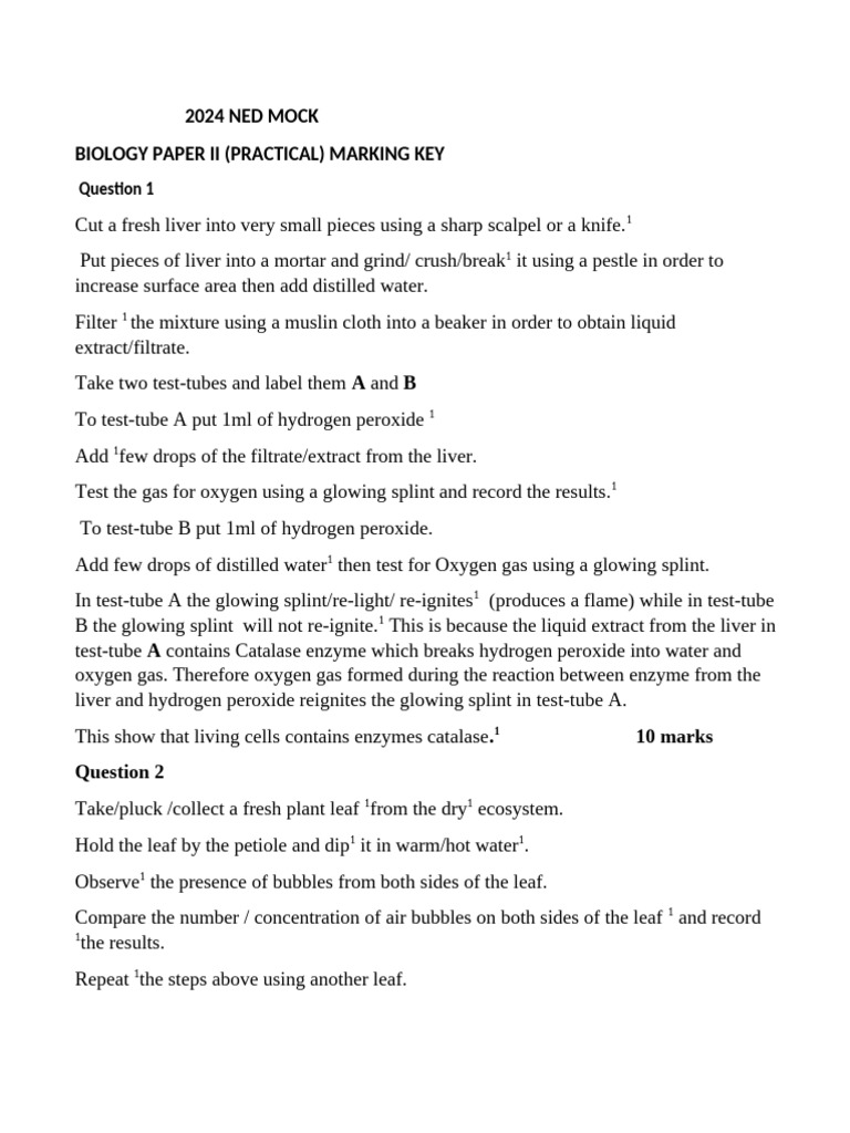 2024 Biology Paper II Marking Key | PDF | Catalase | Leaf