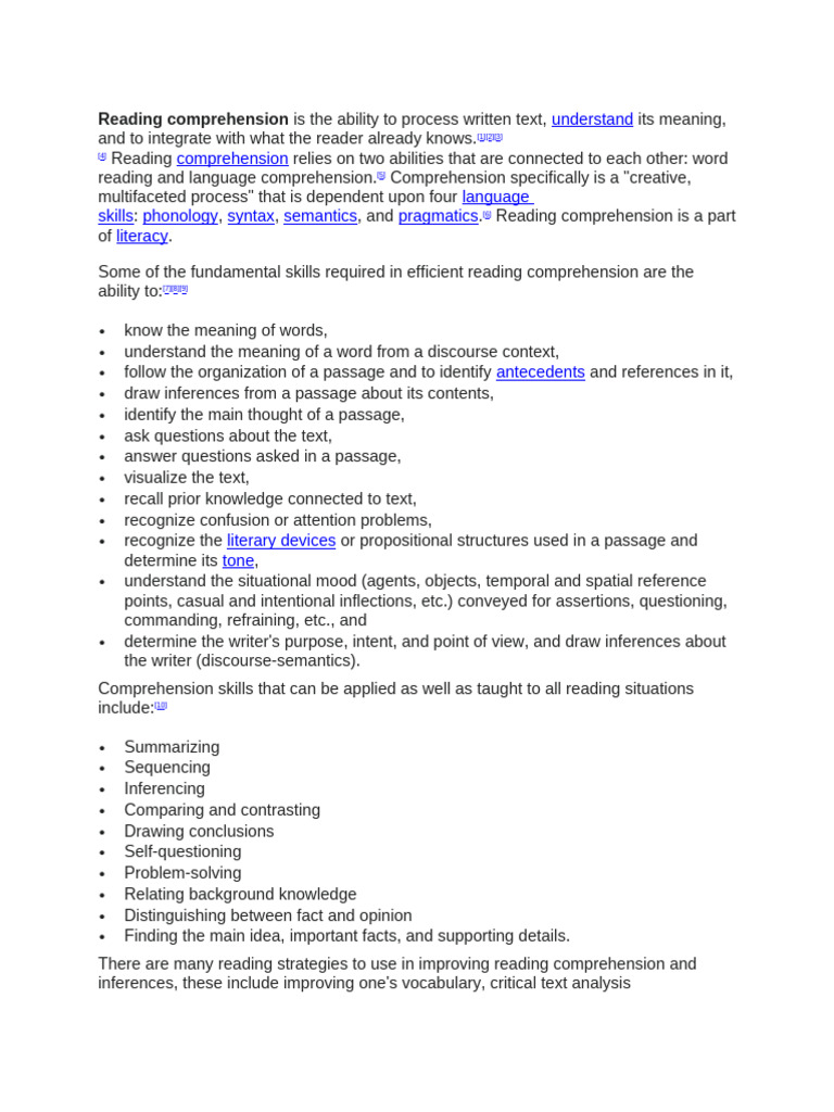 Reading 1 Pdf Reading Comprehension Mental Processes