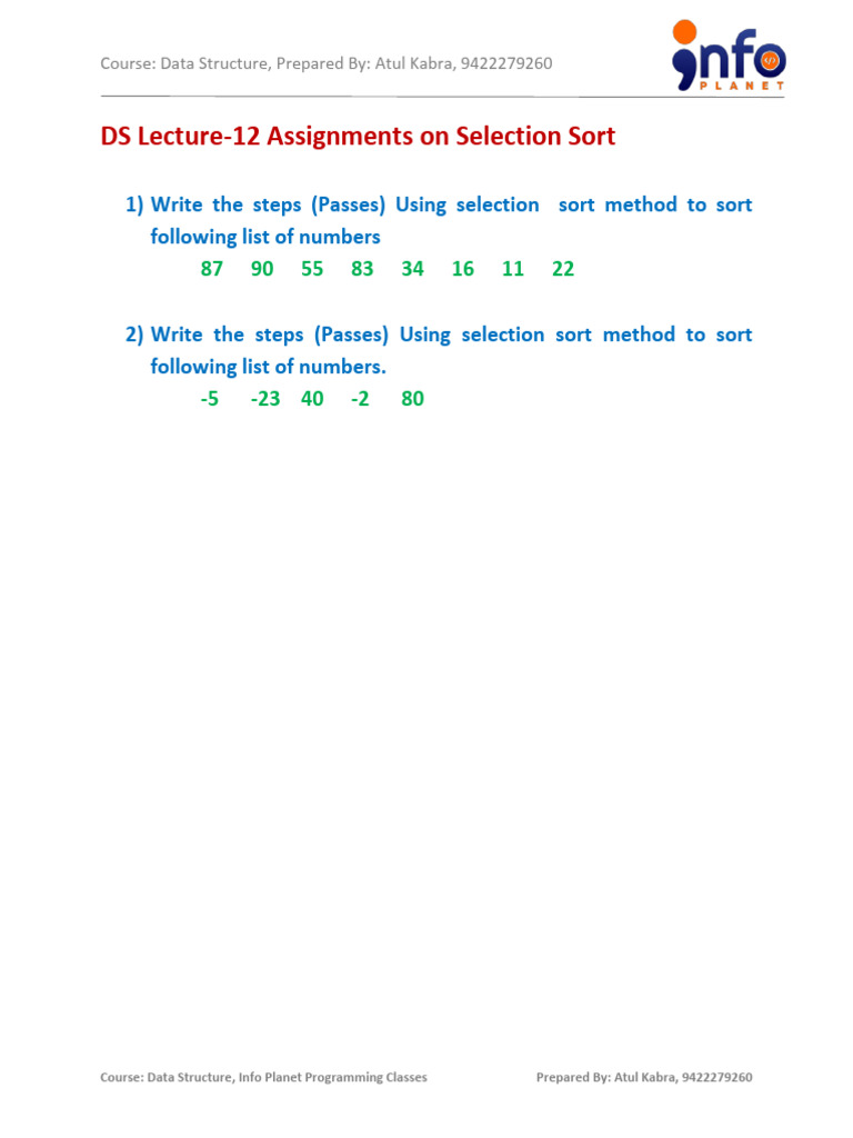 Selection Sort Assignments for Data Structures | PDF