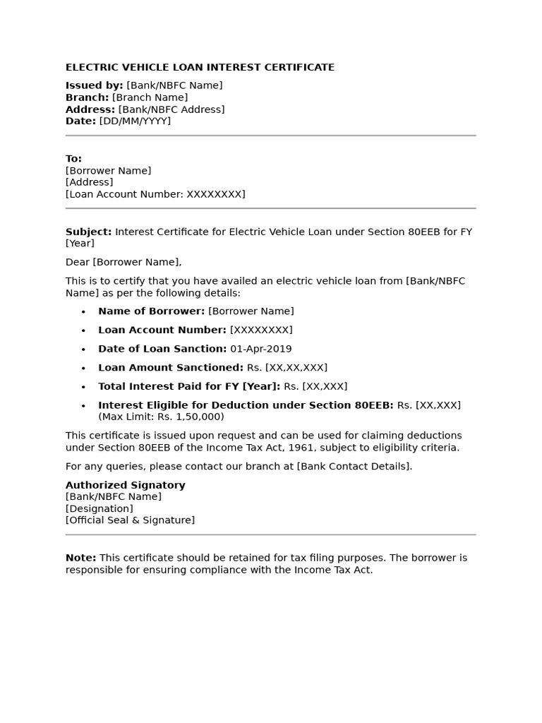 EV Loan Tax Deduction Certificate | PDF