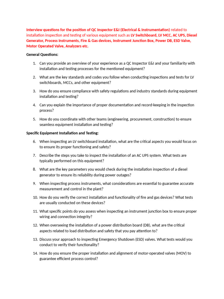 QC Inspector E&I Interview Questions | PDF | Safety | Instrumentation
