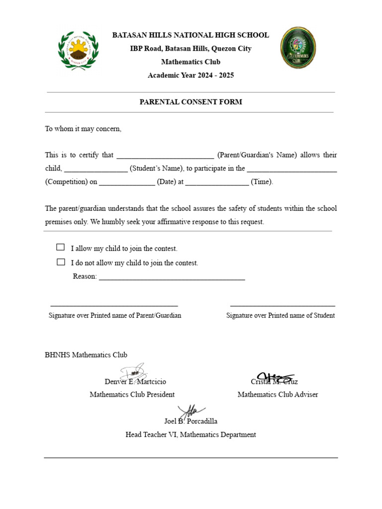 Parents Consent Mathematics Month | PDF