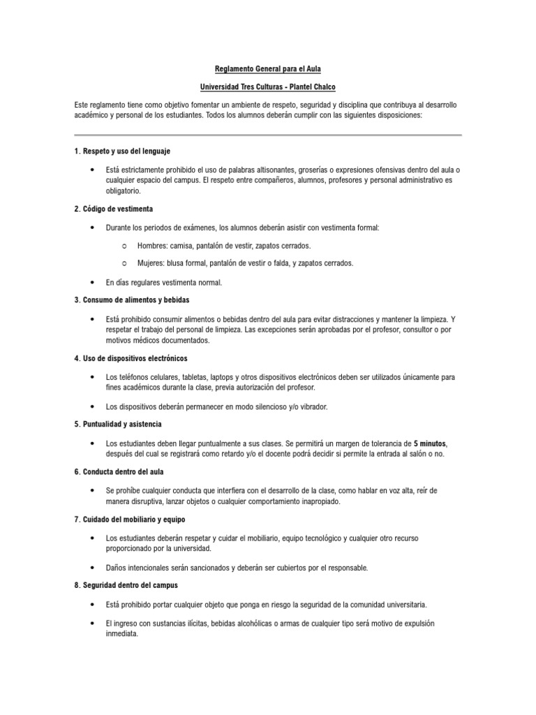 Reglamento del Aula en UTC Chalco | PDF | Salón de clases