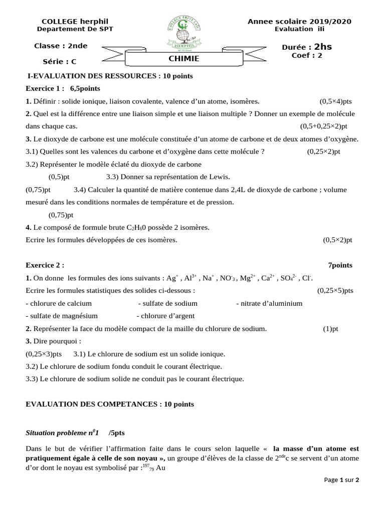 Évaluation de Chimie pour 2nde C 2019/2020 | PDF | Liaison chimique ...