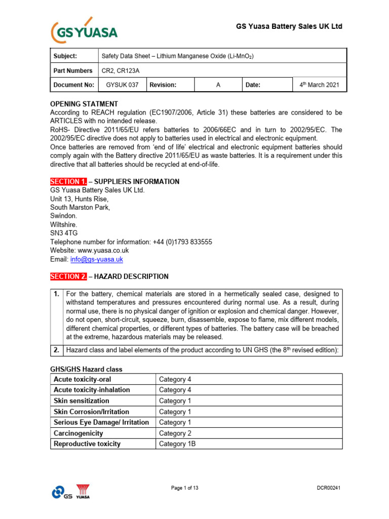 Safety Data Sheet for Li-MnO2 Batteries | PDF | Dangerous Goods ...
