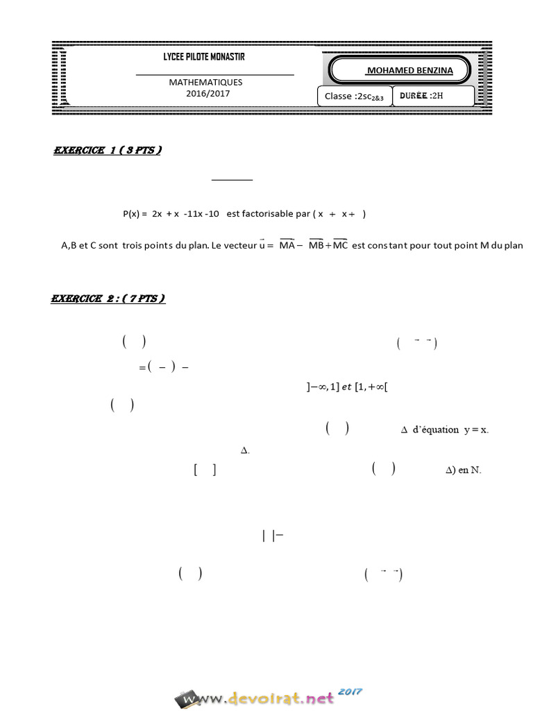 Devoir de mathématiques 2ème science | PDF | Physique mathématique ...