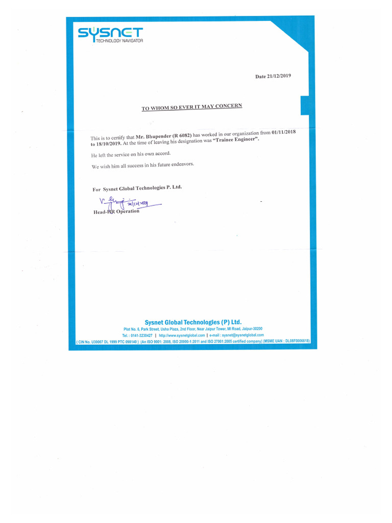 Experience Letter Sysnet | PDF