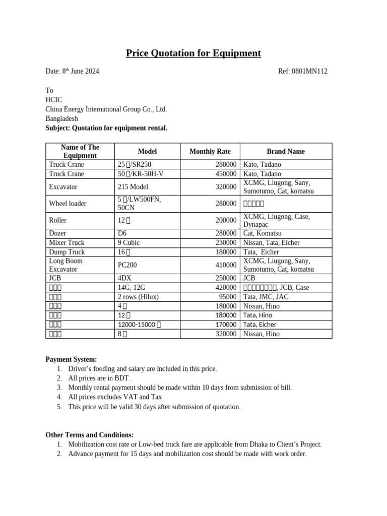 Machinery Quotation | PDF | Construction Equipment | Motor Vehicle