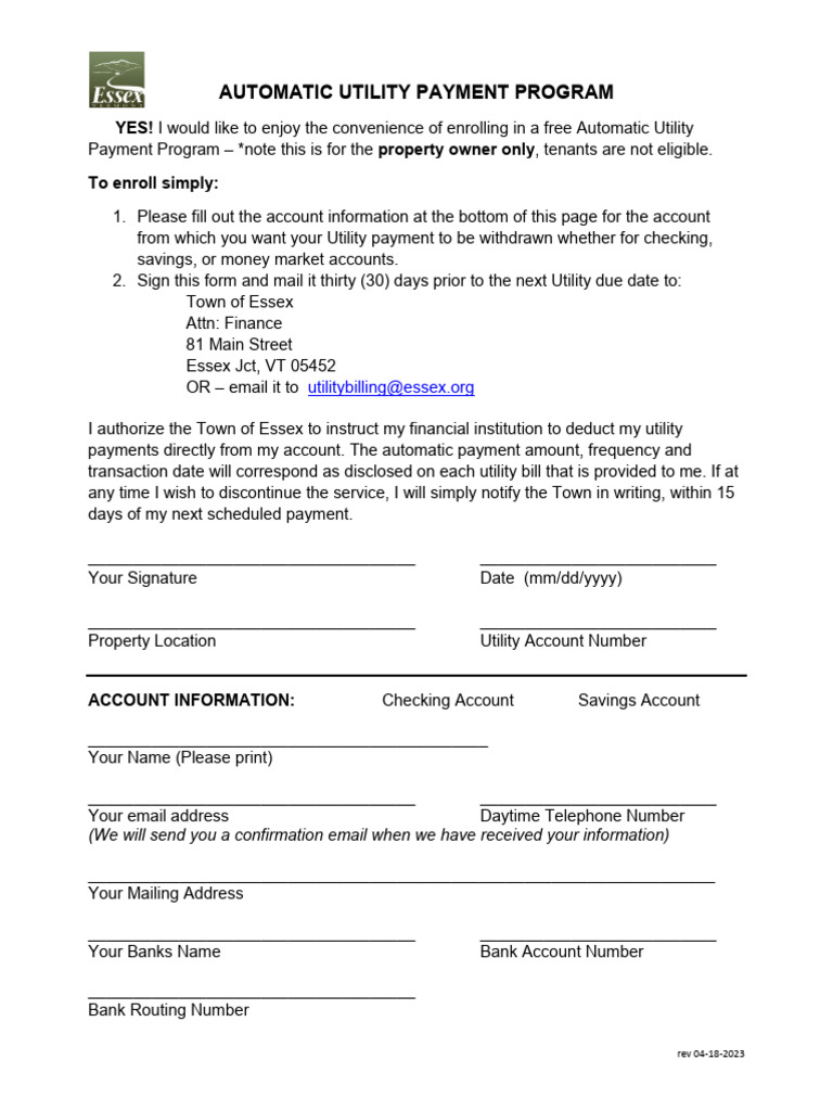 Auto Utility Pay Form 2023 - 202304181451269238 | PDF