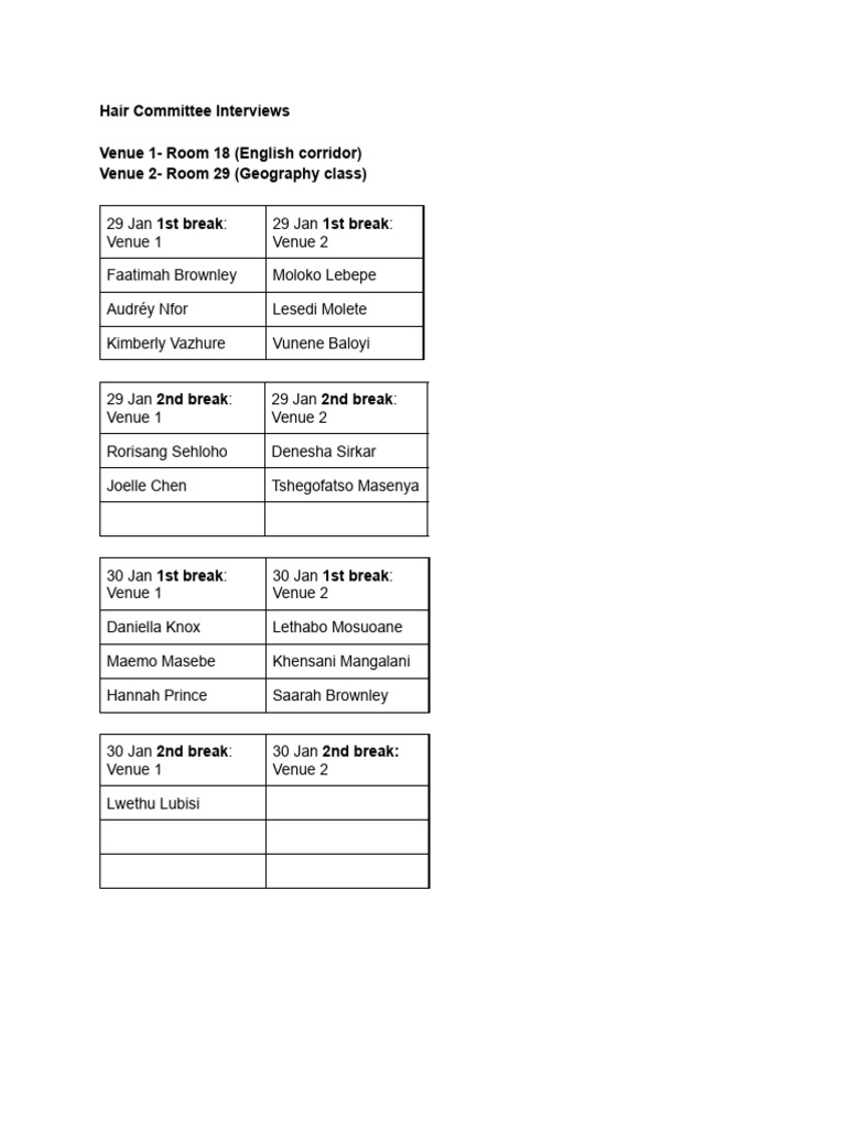 Hair Committee Interview Schedule | PDF