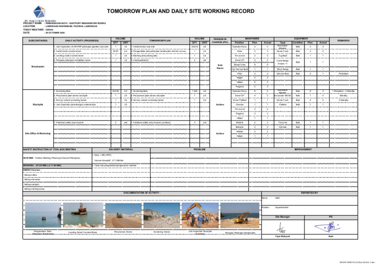 Tomorrow Plan and Daily Site Working Report - 25 Oktober | PDF