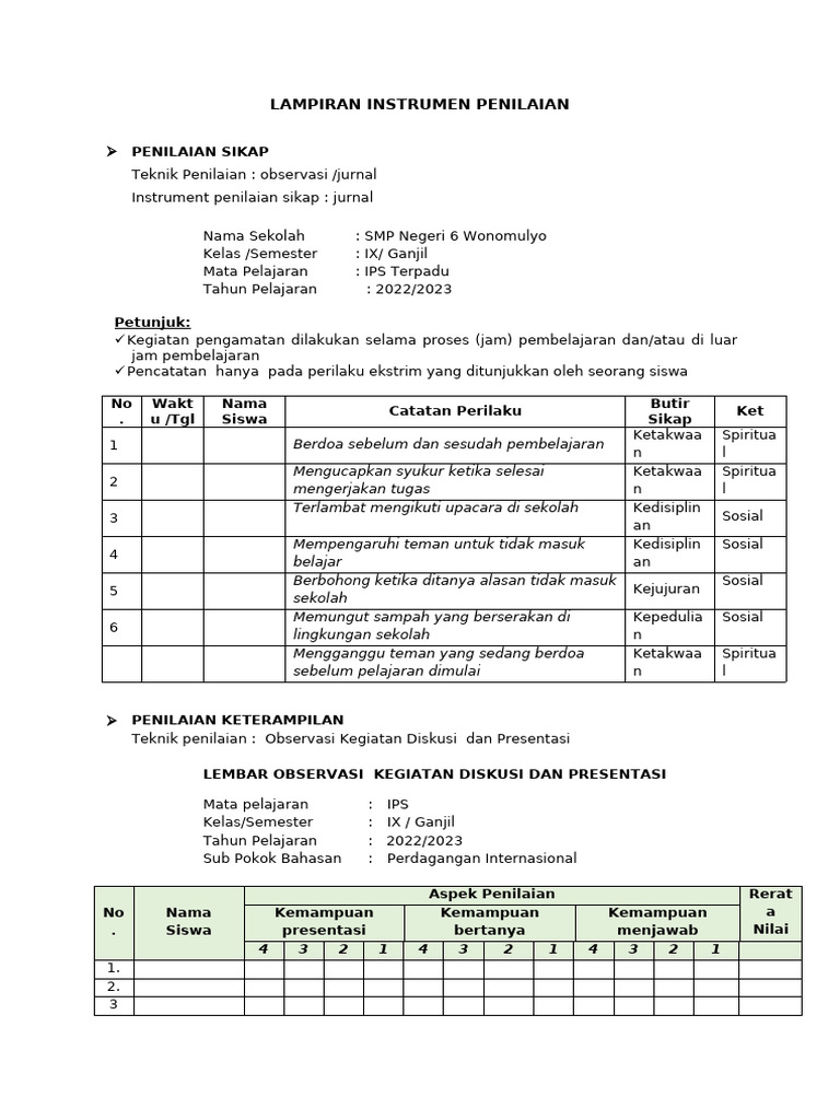Instrumen Penilaian IPS SMP 6 Wonomulyo | PDF