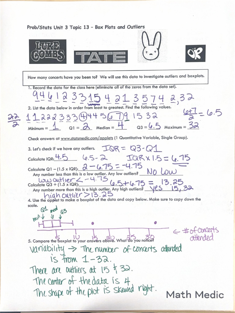 ProbStats+Unit+3+Topic+13+-+Box+Plots+and+Outliers | PDF