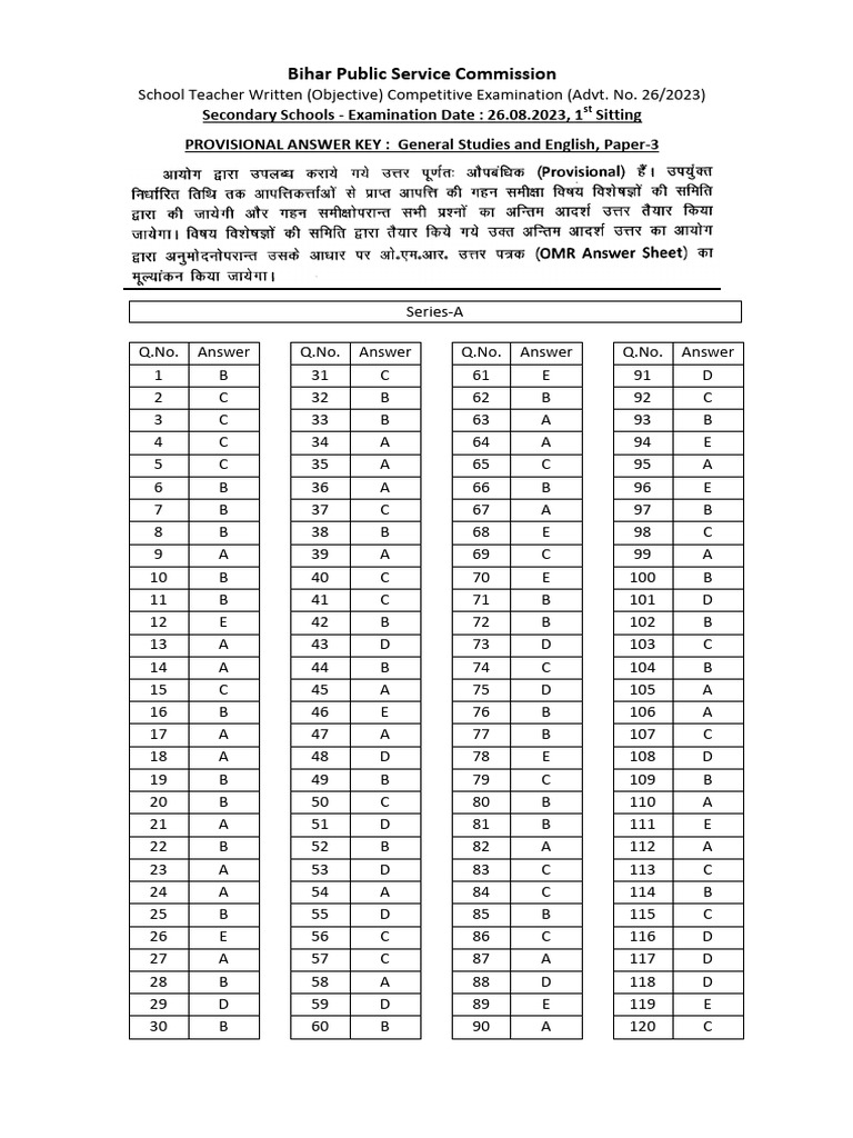 BPSC Teacher Exam Answer Key 2023 | PDF