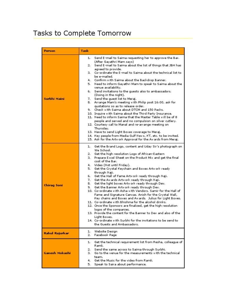 Tasks To Complete Tomorrow | PDF | Business