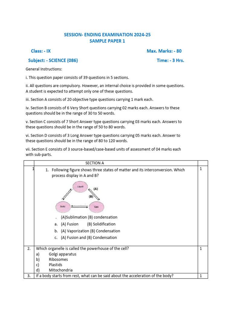 SCIENCE SAMPLE PAPER IXpdf | PDF | Cell Membrane | Tissue (Biology)