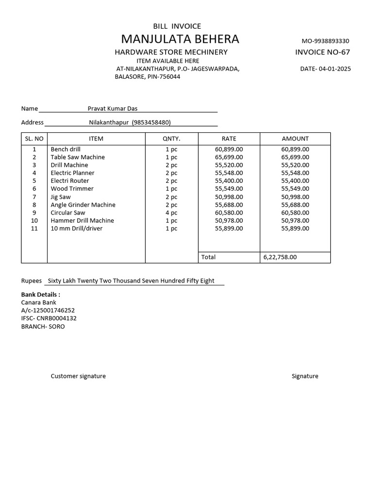 Hardware Store Invoice for Machinery | PDF