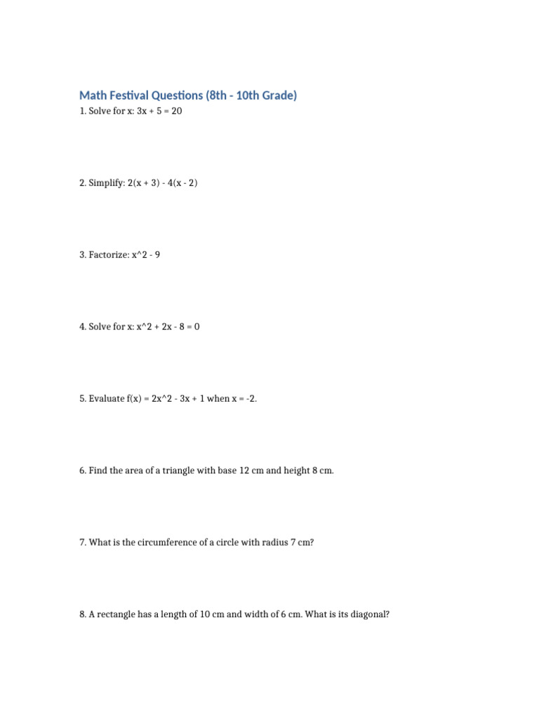 8th-10th Grade Math Festival Questions | PDF