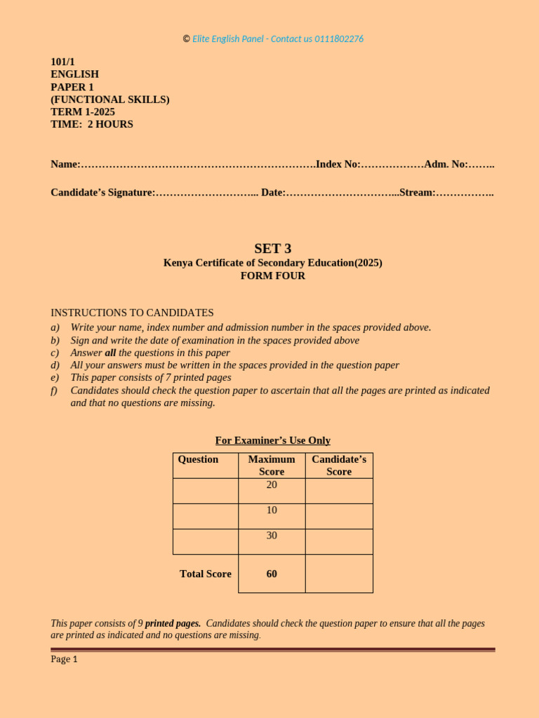 KCSE 2025 English Paper 1 Overview | PDF