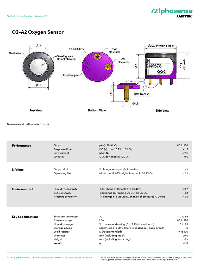 Alphasense O2-A2 Datasheet | PDF | Measuring Instrument | Equipment