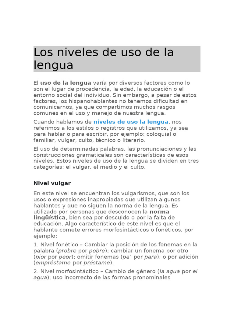 Niveles de uso de la lengua | PDF | Fonema | Gramática