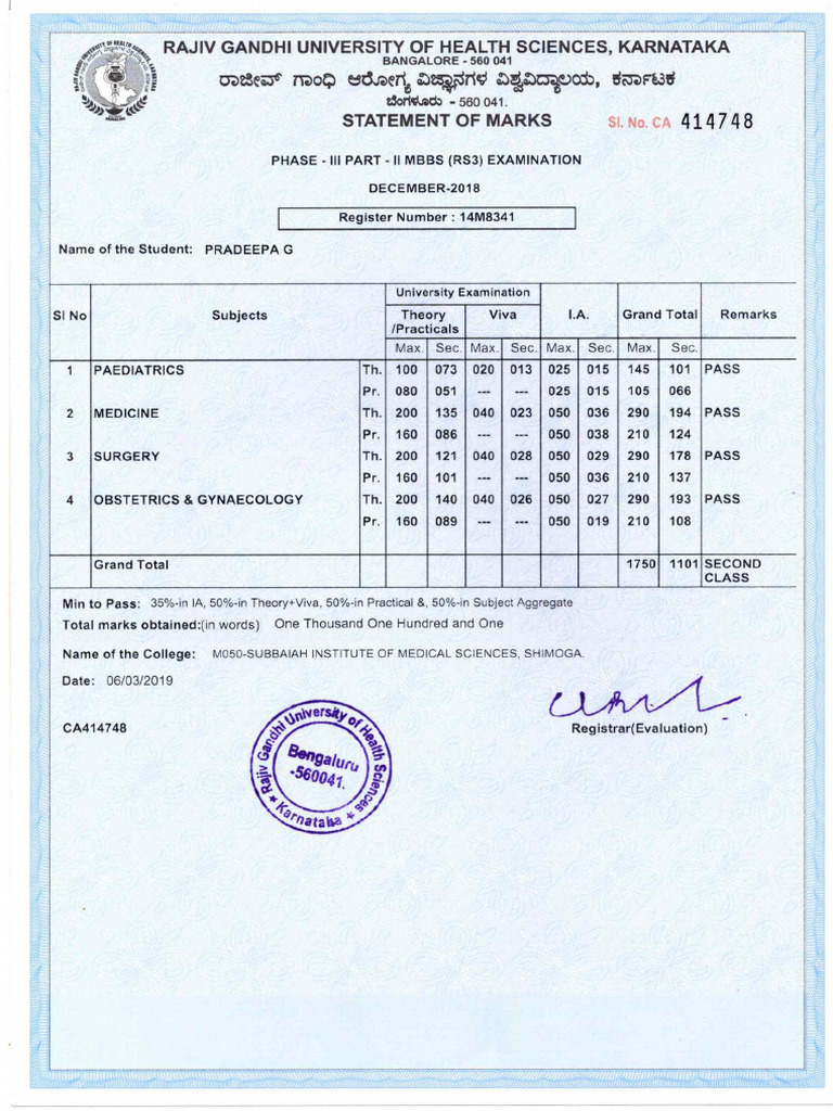 4 TH Mbbs Markscard | PDF
