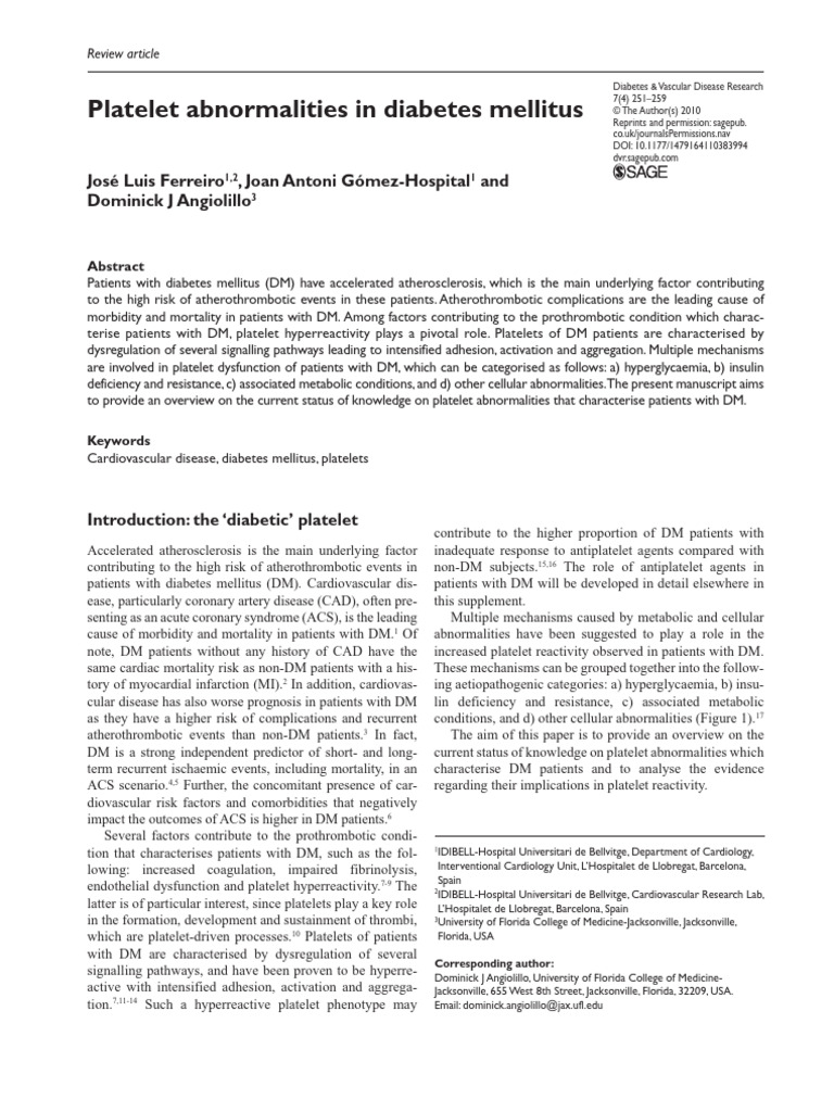 Platelet Abnormalities in Diabetes Mellitus | PDF | Platelet ...