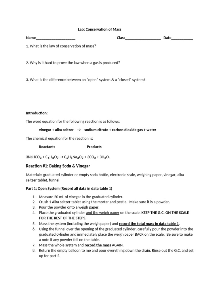 Law of Conservation of Mass Lab | PDF | Sodium Bicarbonate | Chemistry
