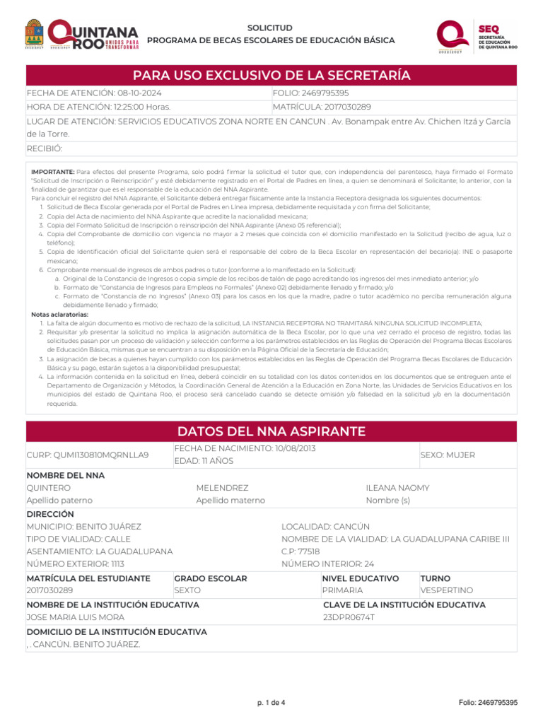 Solicitud de Beca Escolar Primaria | PDF | Certificado de nacimiento ...
