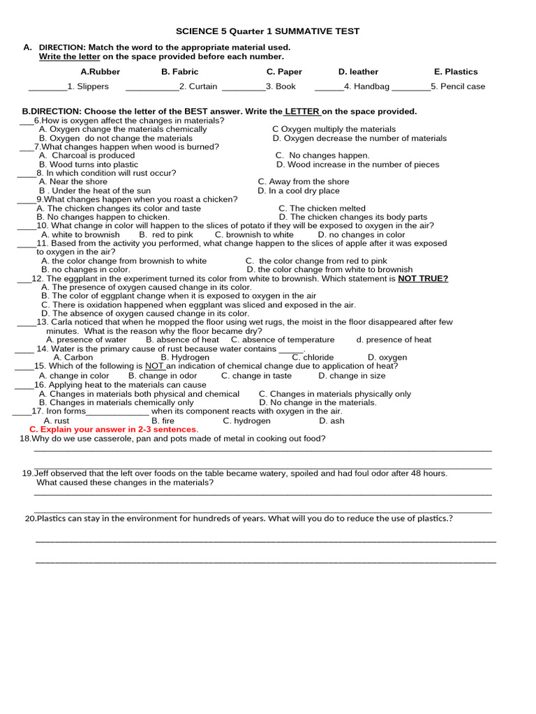 Science 5 Summative Test on Materials | PDF | Water | Rust