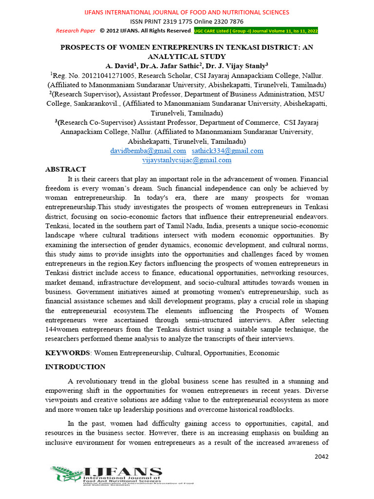 Prospects of Women Entrepreneurs in Tenkasi District An Analytical ...