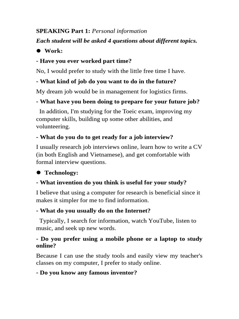 Speaking Test: Personal Info & Interaction | PDF | Invention | Telephone