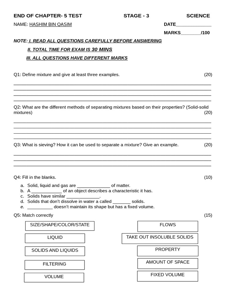 End of Chapter 5 Test | PDF | Mixture | Physical Sciences
