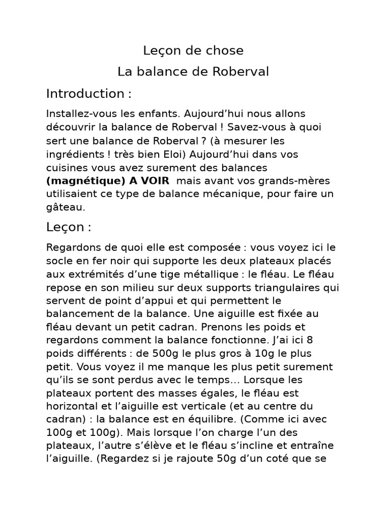 Fonctionnement de la balance de Roberval | PDF | Balance (instrument ...