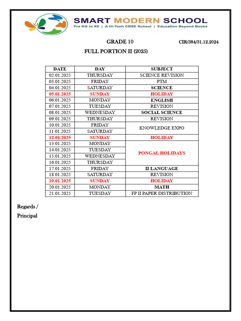 716 - Cir 384 Grade 10 Full Portion II Time Table | PDF
