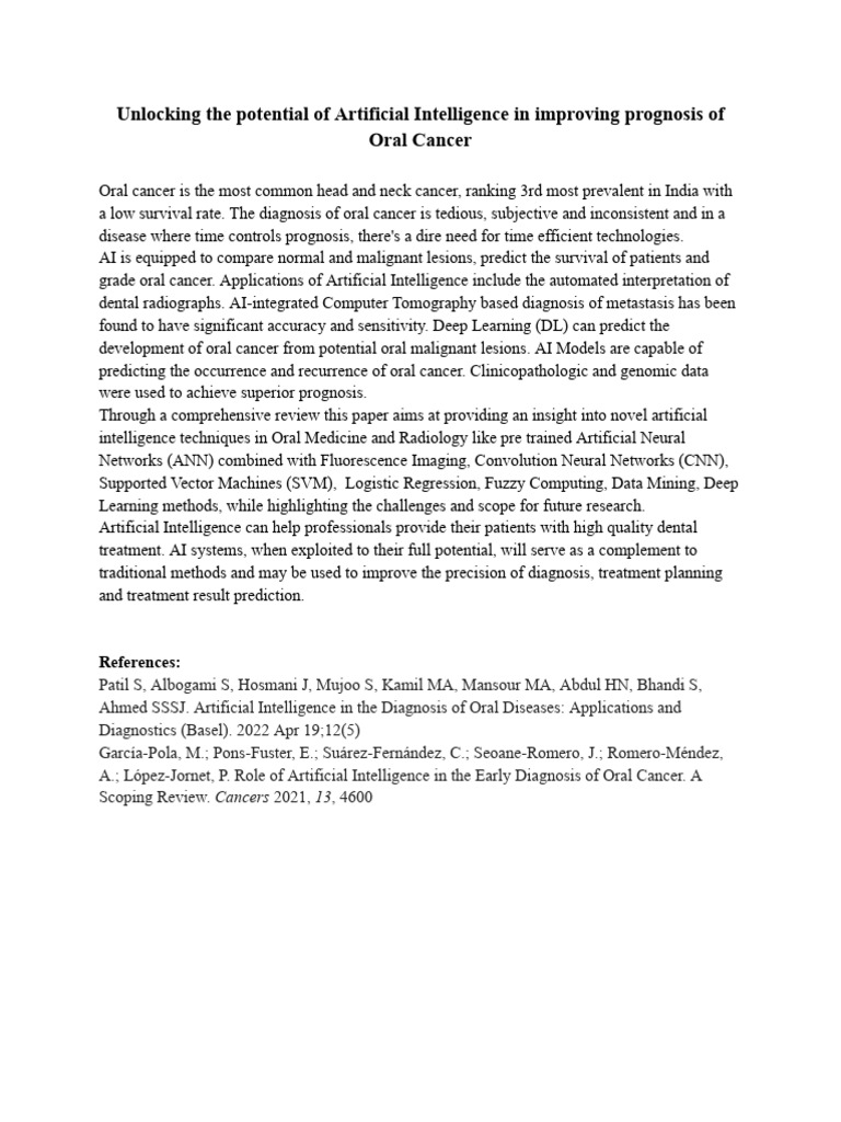 AI Advancements in Oral Cancer Prognosis | PDF