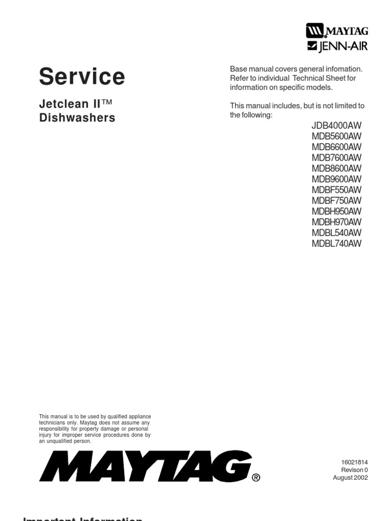 16021814 Maytag Jetclean II Dishwashers Service Manual Dishwasher