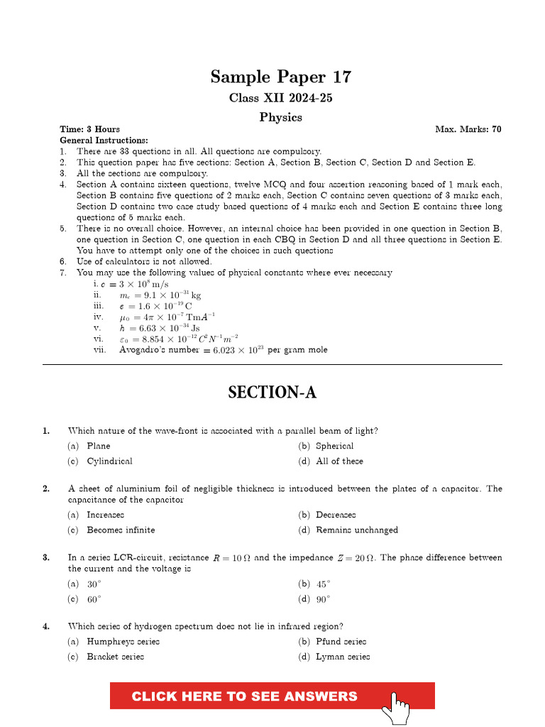 Class 12 Physics Sample Paper 17 | PDF | Inductor | Inductance