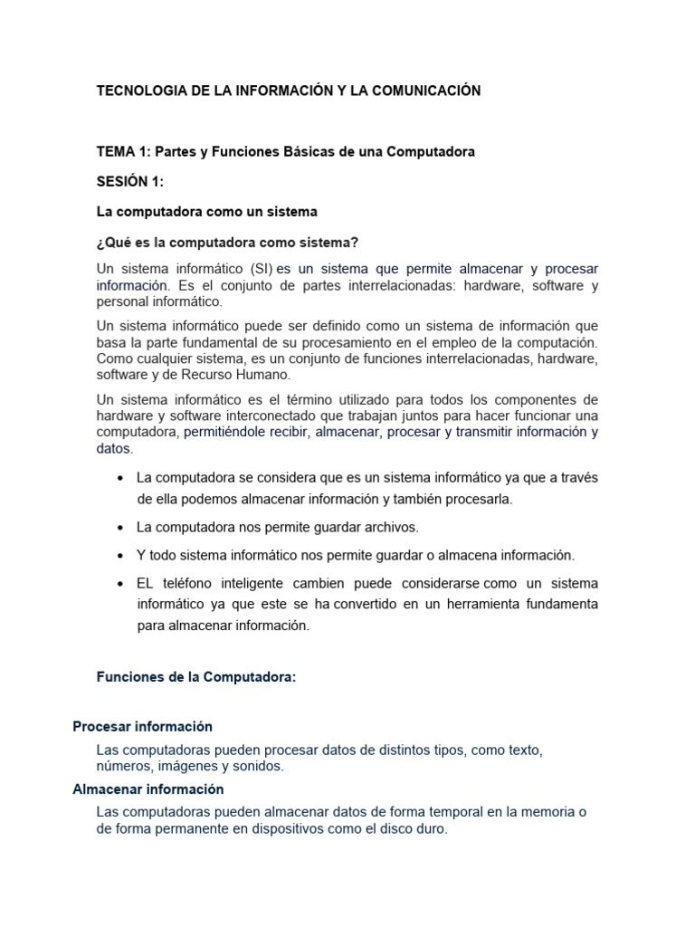 Tema 1 Partes y Funciones Basicas de La Computadora | PDF | Hardware de ...