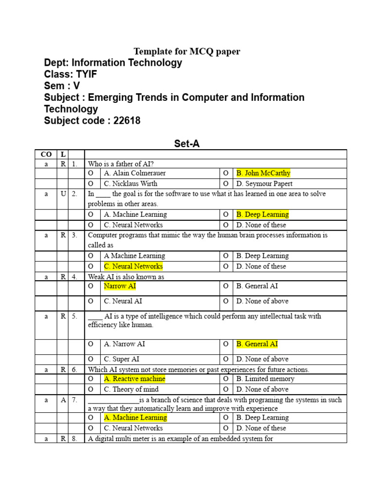 Eti Class Test 1-Set 1 | PDF | Artificial Intelligence | Intelligence ...