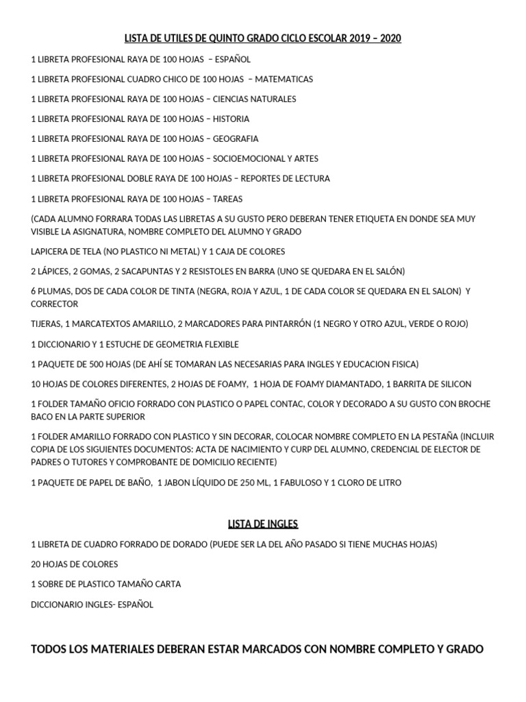 Lista de Utiles de Quinto Grado Ciclo Escolar 2019 | PDF