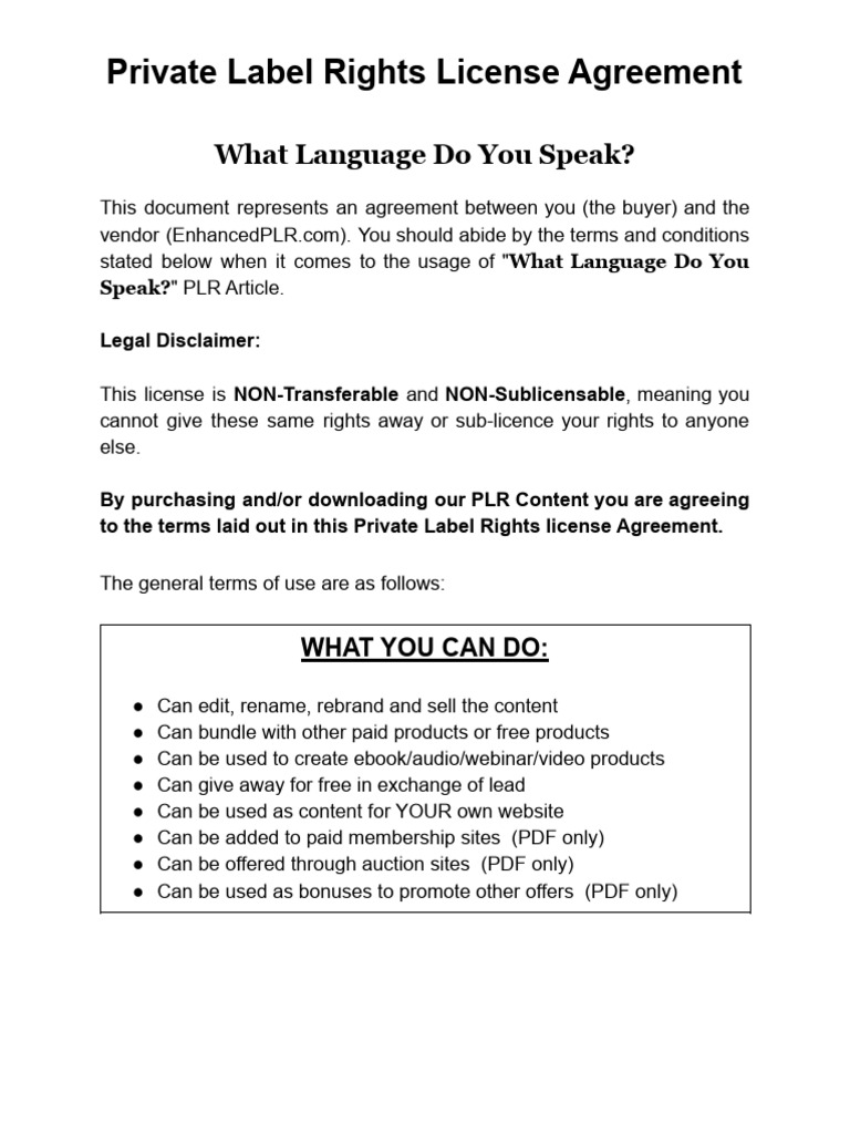 PLR License Agreement for Article Use | PDF