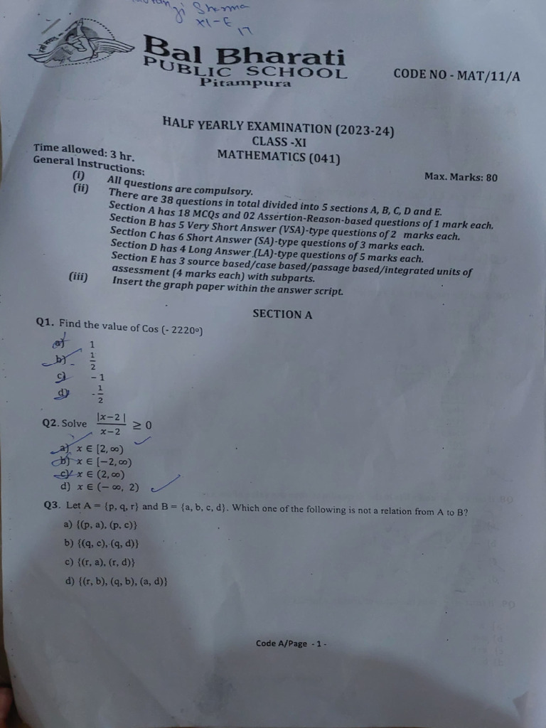 Class XI Mathematics Half-Yearly Exam 2023-24 | PDF | Derivative ...