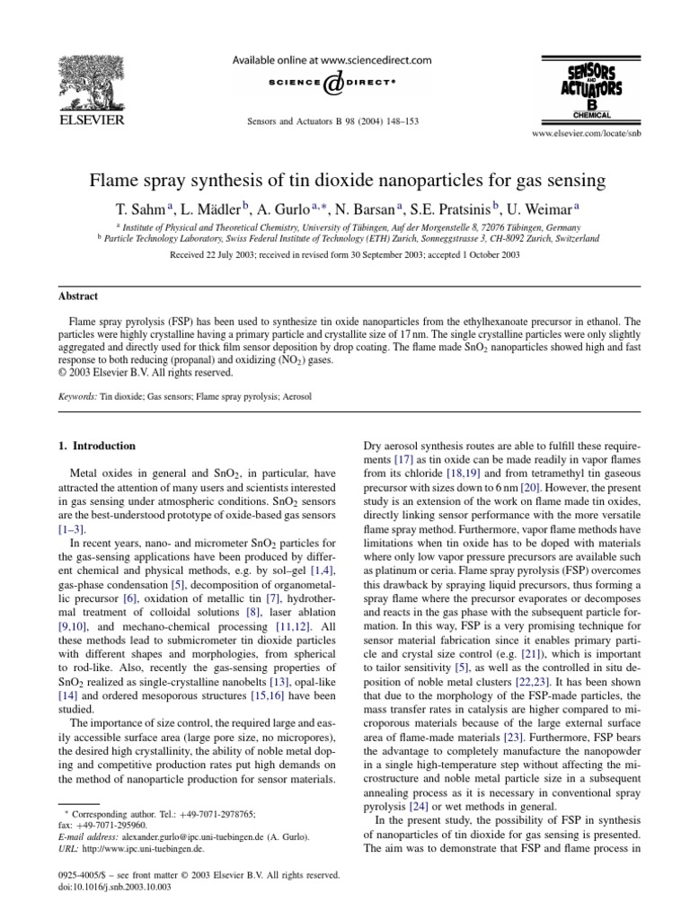 Flame Spray Synthesis of Tin Dioxide Nanoparticles For Gas Sensing ...