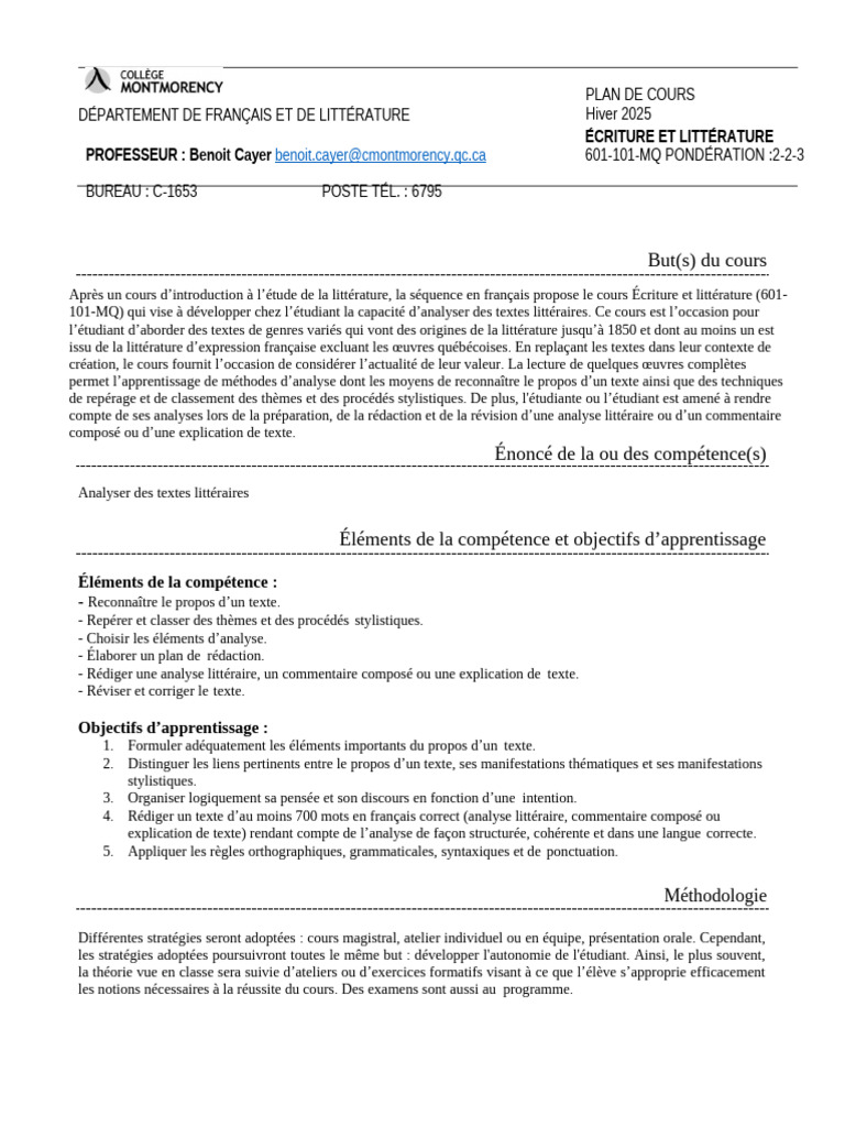Cours d'Écriture et Littérature 601-101-MQ | PDF | Guillemet | Écriture ...