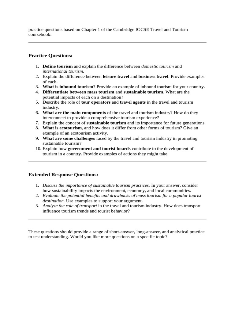 IGCSE Travel and Tourism Practice Questions | PDF | Tourism ...