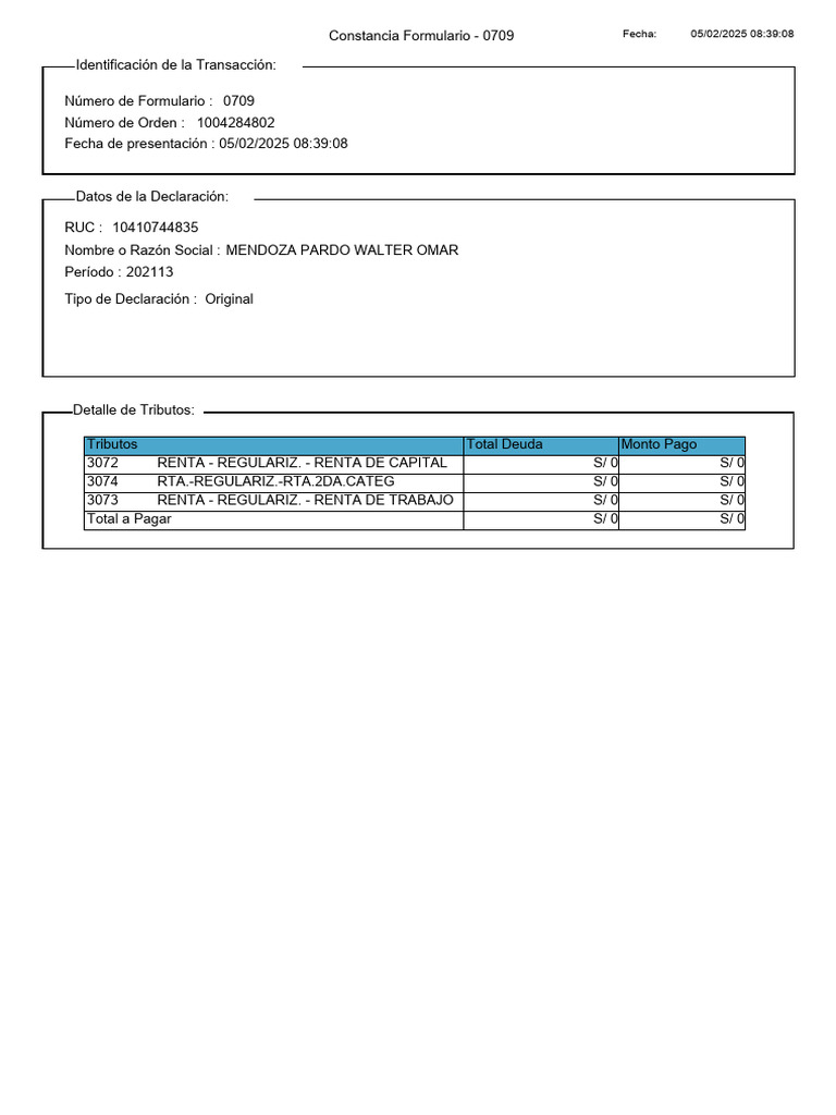 Constancia Formulario 0709 SUNAT 2025 | PDF