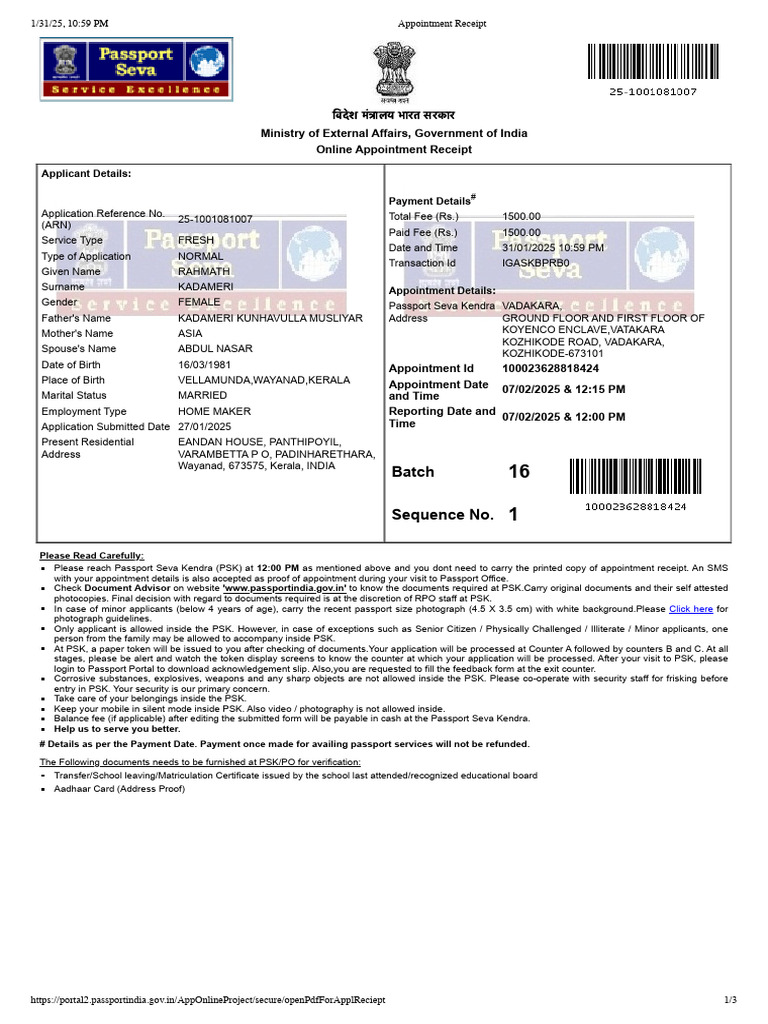 Appointment Receipt RAHMATH | PDF