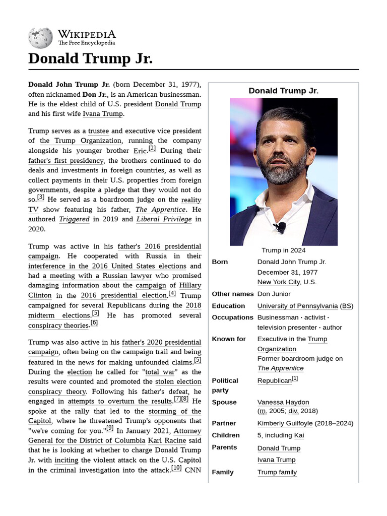 Donald Trump Jr.: Businessman and Activist | PDF | Donald Trump ...