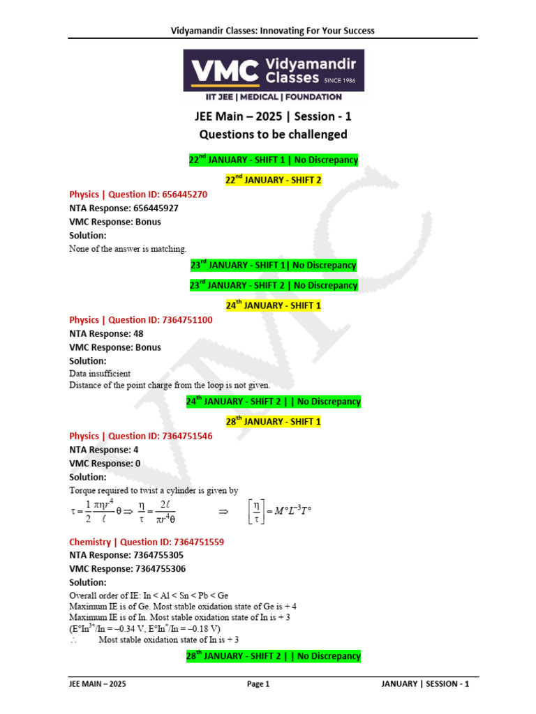 JEE Main 2025 - JAN Session - 1 - Final Errata (VMC) | PDF | Student ...